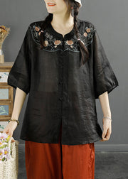 Chinese Style Khaki Embroidered Linen Shirt Tops Lantern Sleeve