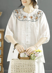 Chinese Style Khaki Embroidered Linen Shirt Tops Lantern Sleeve