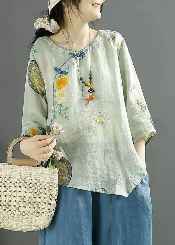 Chinese Style Light Blue Print Asymmetrical Patchwork Linen Tops Summer