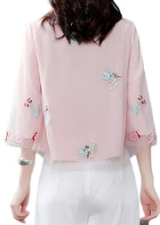 Chinese Style Light Green Stand Collar Embroidered Chiffon Shirts Bracelet Sleeve