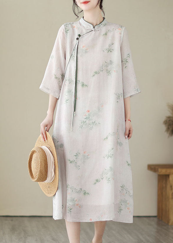 Chinese Style Light Pink Tasseled Print Patchwork Linen Dresses Summer