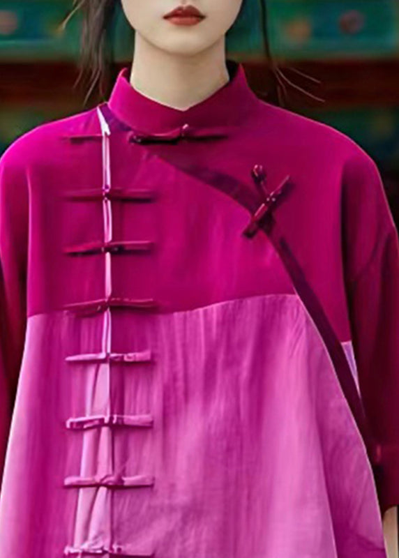 Chinese Style Light Purple Stand Collar Asymmetrical Button Shirt Summer