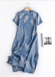 Chinese Style Little Blue Print Side Open Silk Cotton Long Dress Short Sleeve