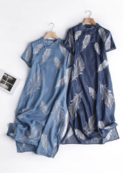 Chinese Style Little Blue Print Side Open Silk Cotton Long Dress Short Sleeve