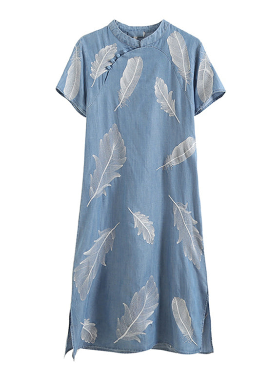 Chinese Style Little Blue Print Side Open Silk Cotton Long Dress Short Sleeve