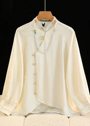 Chinese Style Milk White Draping Silk Blouse Tops Fall