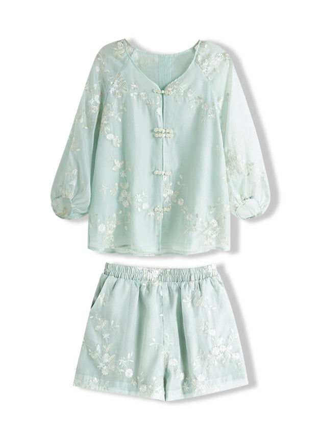 Chinese Style Mint Green Embroidered Tops And Shorts 2 Piece Outfit Summer