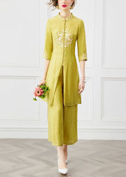 Chinese Style Mustard Yellow Embroidered Button Cotton Two Piece Set Summer