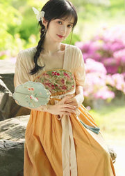 Chinese Style Orange Embroideried Tie Waist Patchwork Chiffon Long Dresses Summer