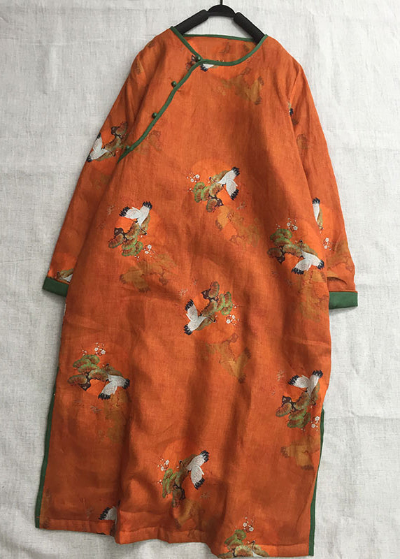 Chinese Style Orange O-Neck Print Fine Cotton Filled Dress Winter