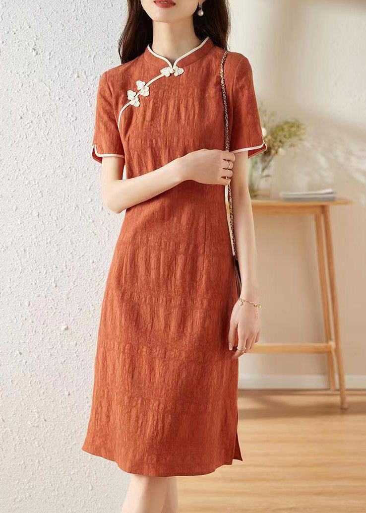 Chinese Style Orange Stand Collar Patchwork Cotton Dresses Summer