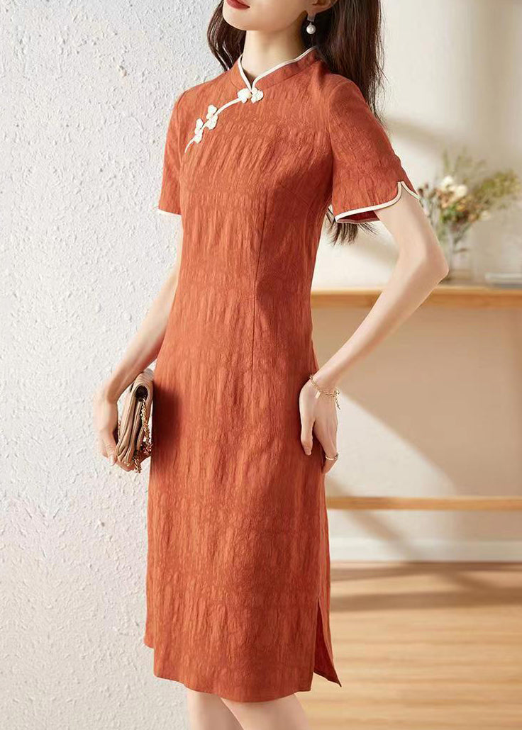 Chinese Style Orange Stand Collar Patchwork Cotton Dresses Summer