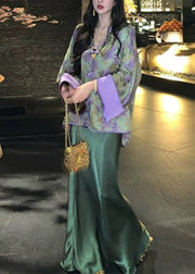 Chinese Style Peacock Blue V Neck Print Silk Shirts And Wide Leg Pants Two Pieces Set Spring