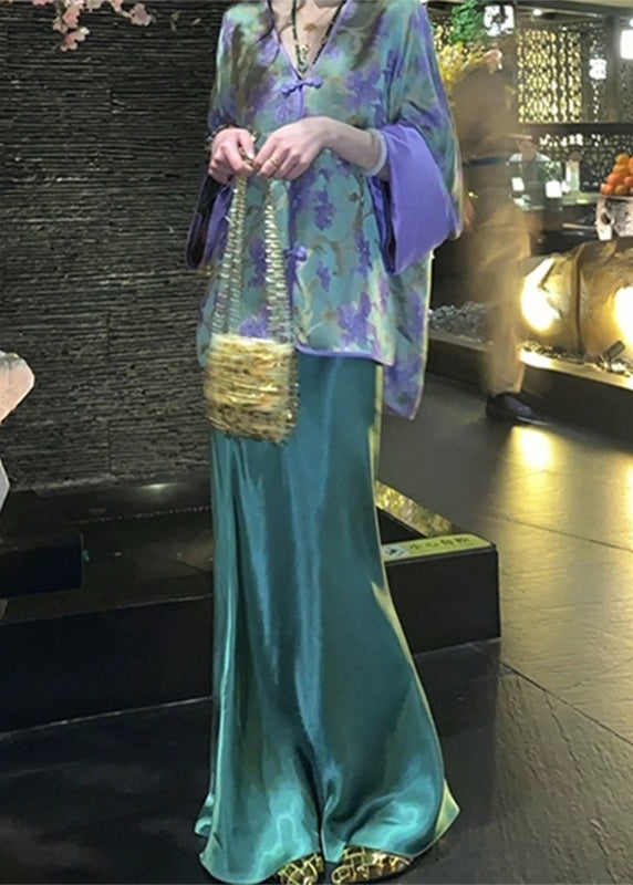 Chinese Style Peacock Blue V Neck Print Silk Shirts And Wide Leg Pants Two Pieces Set Spring