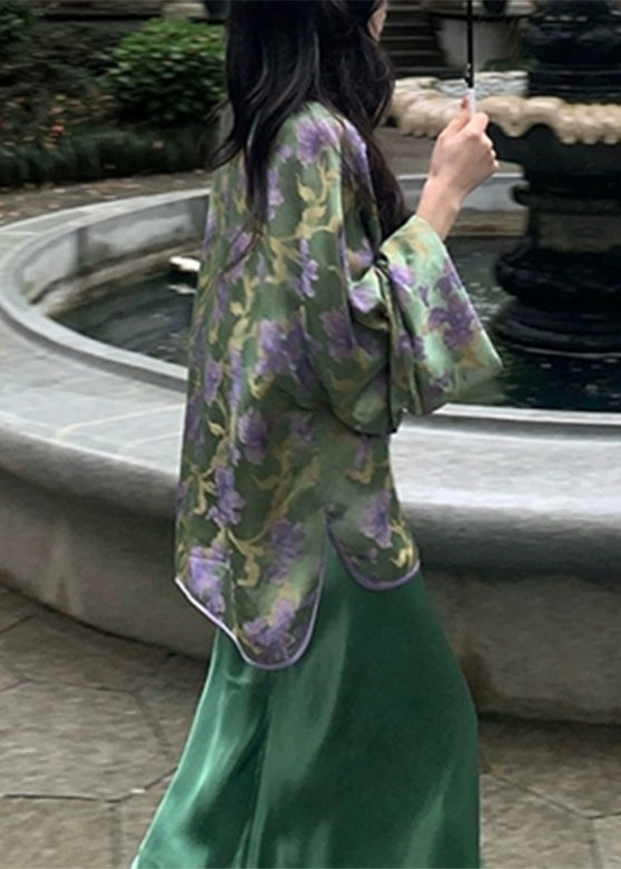 Chinese Style Peacock Blue V Neck Print Silk Shirts And Wide Leg Pants Two Pieces Set Spring