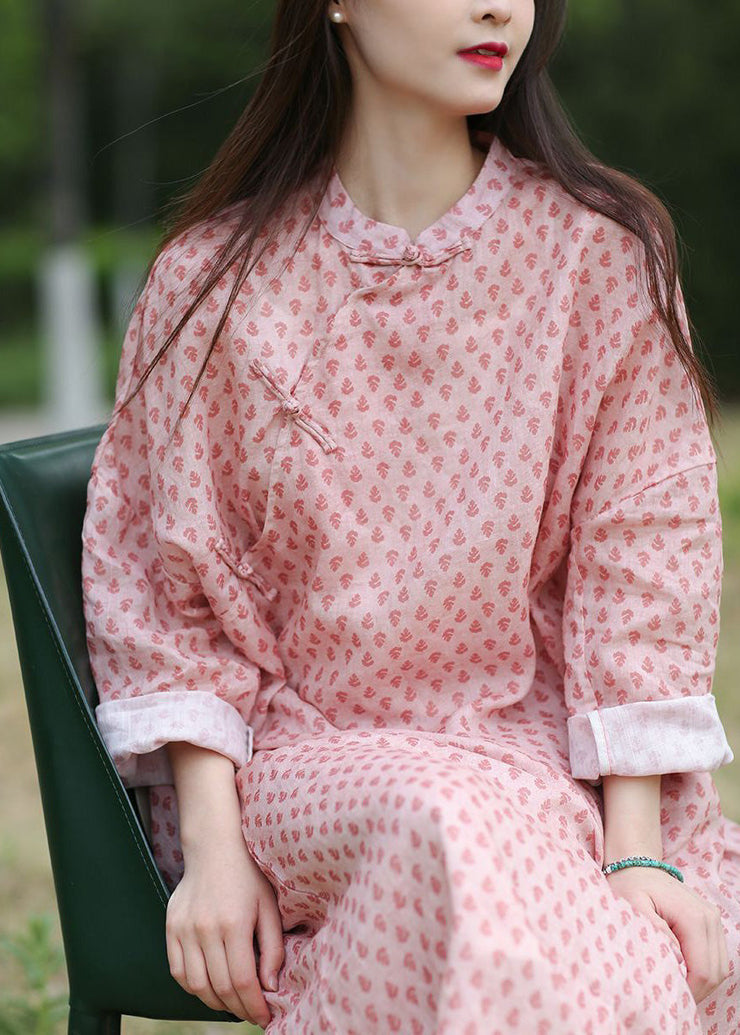 Chinese Style Pink Button Print Cotton Long Dress Spring