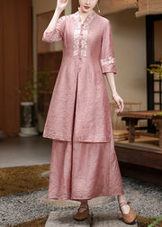 Chinese Style Pink Embroidered Button Side Open Silk Two Pieces Set Half Sleeve