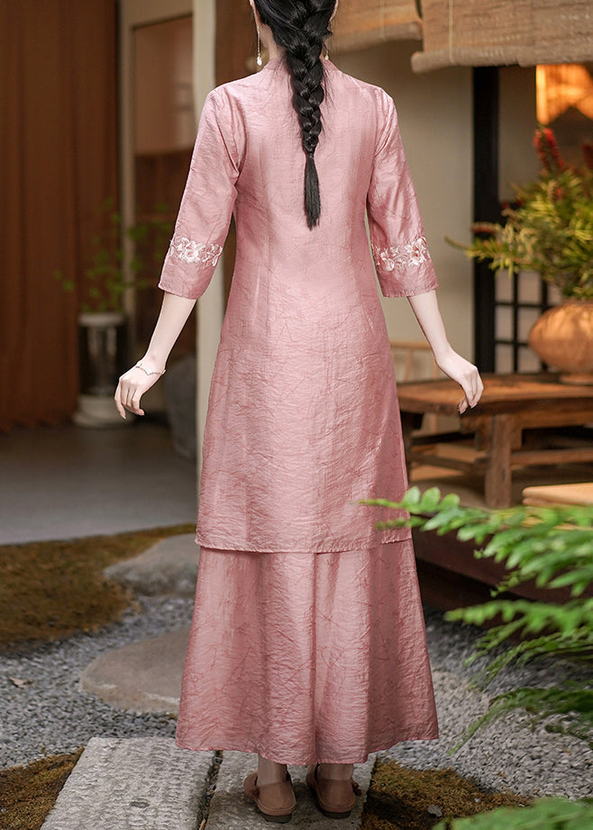 Chinese Style Pink Embroidered Button Side Open Silk Two Pieces Set Half Sleeve