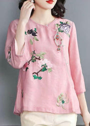 Chinese Style Pink Embroideried Patchwork Chiffon Tops Spring