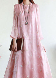 Chinese Style Pink Embroideried Patchwork Silk Dresses Summer