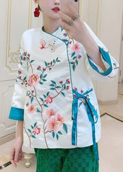 Chinese Style Pink Embroideried Tie Waist Silk Shirt Tops Spring