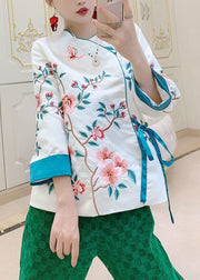 Chinese Style Pink Embroideried Tie Waist Silk Shirt Tops Spring