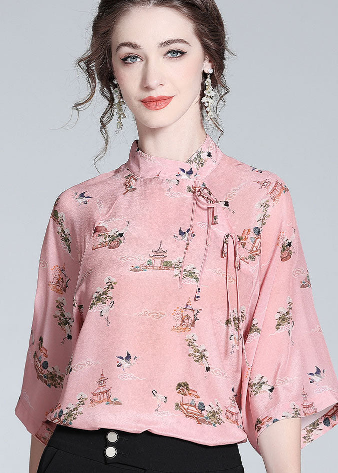 Chinese Style Pink Stand Collar Patchwork Print Silk Blouses Spring