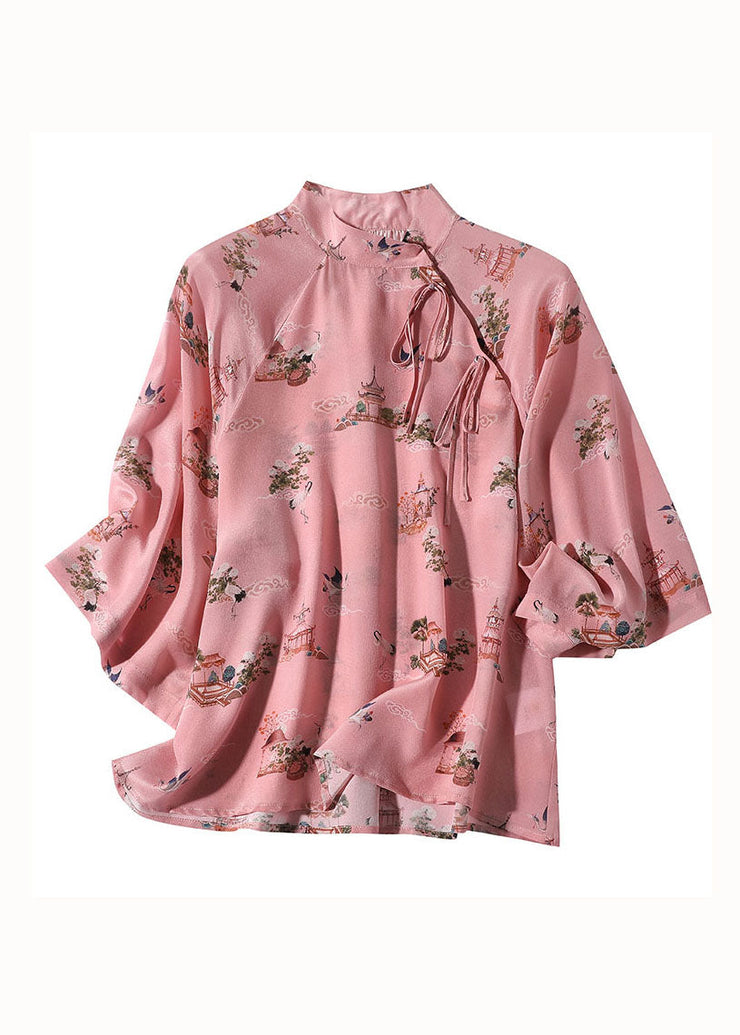 Chinese Style Pink Stand Collar Patchwork Print Silk Blouses Spring