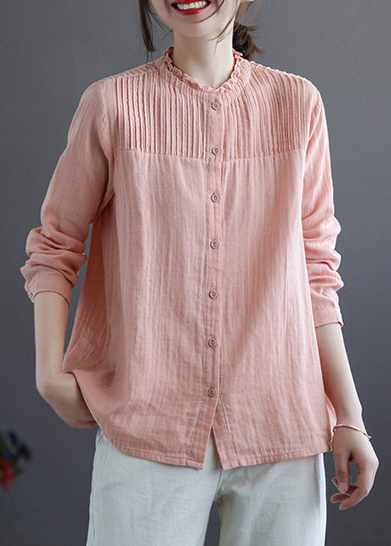 Chinese Style Pink Stand Collar Patchwork Wrinkled Button Cotton Shirts Long Sleeve