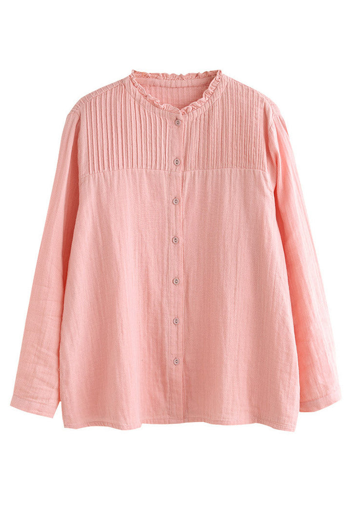 Chinese Style Pink Stand Collar Patchwork Wrinkled Button Cotton Shirts Long Sleeve