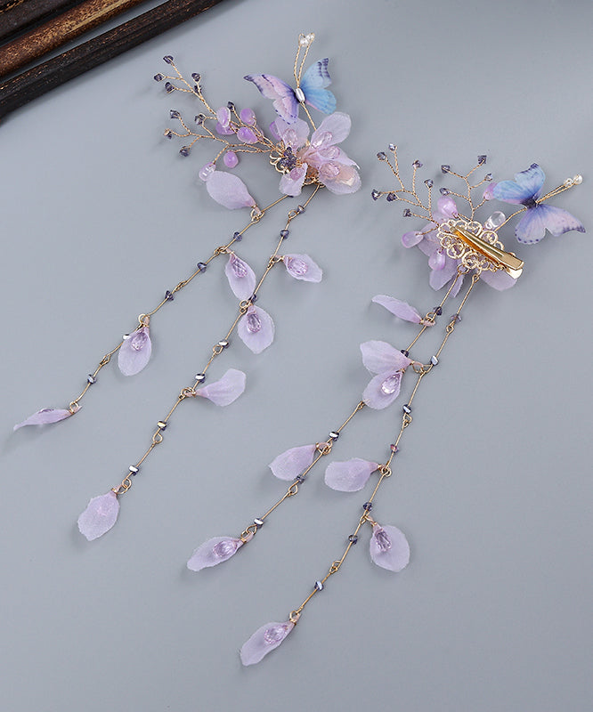 Chinese Style Purple Acrylic Cloth Butterfly Floral Tassel Hairpin