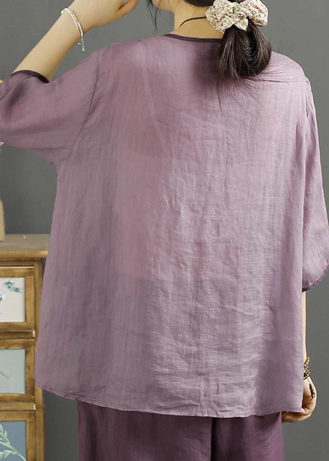 Chinese Style Purple O-Neck Embroidered Linen Shirt Summer