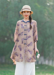 Chinese Style Purple Print Button Patchwork Mid Linen Shirts Summer