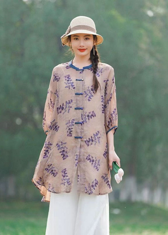 Chinese Style Purple Print Button Patchwork Mid Linen Shirts Summer