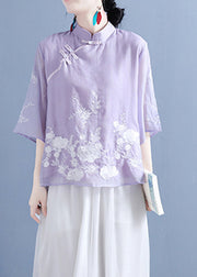 Chinese Style Purple Stand Collar Embroideried Button Silk Linen Shirt Bracelet Sleeve