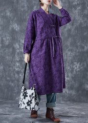 Chinese Style Purple Stand Collar Jacquard Linen Maxi Dresses Spring