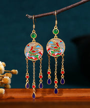 Chinese Style Rainbow Copper Overgild Jade Enamel Tassel Drop Earrings