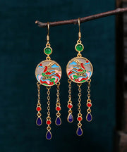 Chinese Style Rainbow Copper Overgild Jade Enamel Tassel Drop Earrings