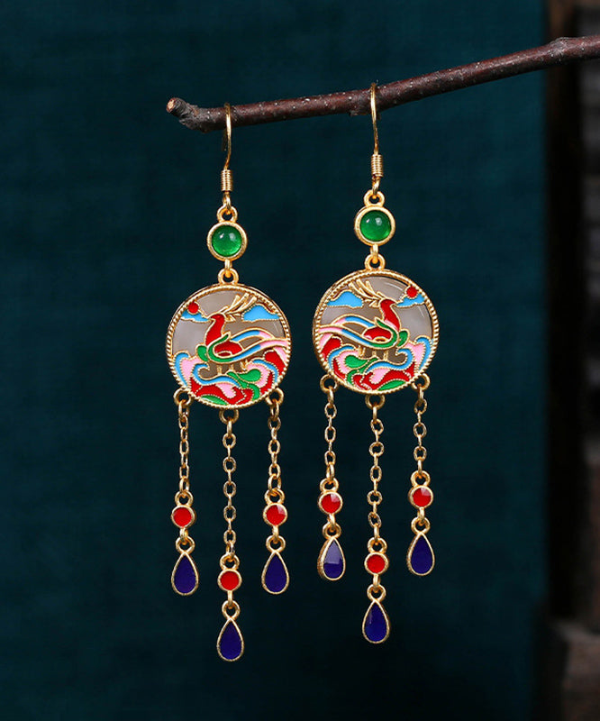 Chinese Style Rainbow Copper Overgild Jade Enamel Tassel Drop Earrings