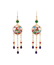 Chinese Style Rainbow Copper Overgild Jade Enamel Tassel Drop Earrings