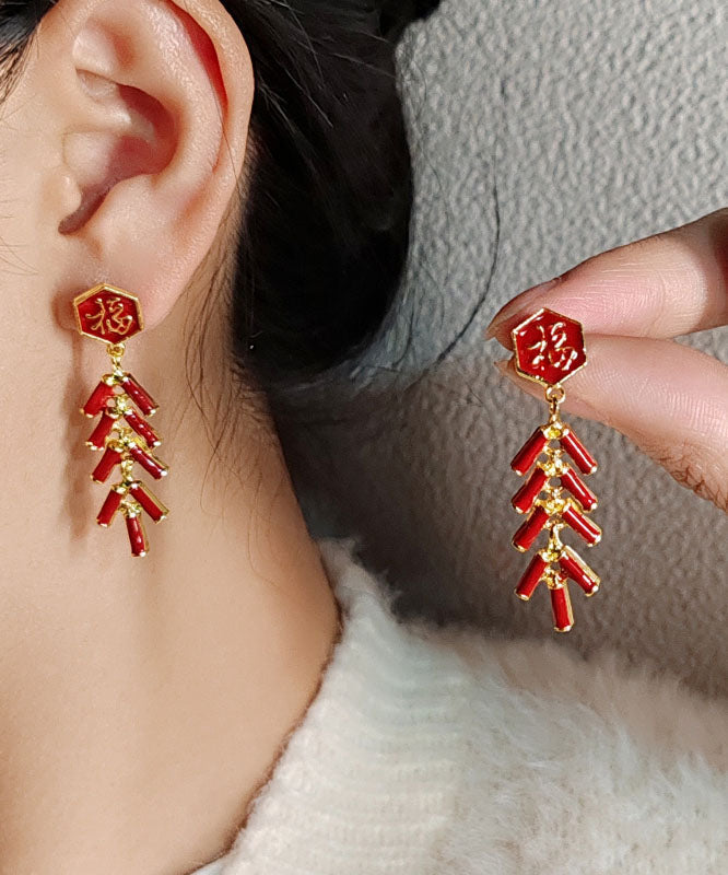 Chinese Style Red Alloy Fu Character Firecrackers Drop Earrings