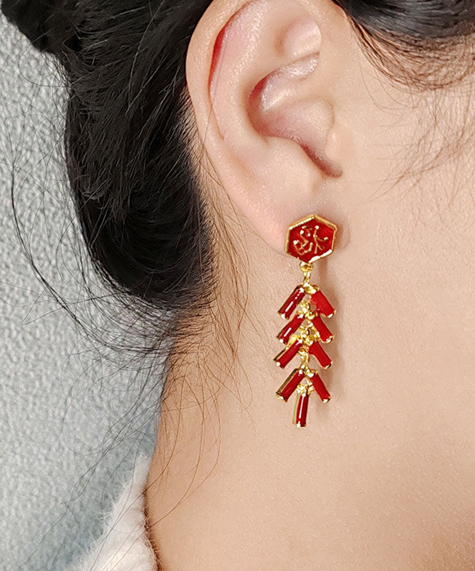 Chinese Style Red Alloy Fu Character Firecrackers Drop Earrings