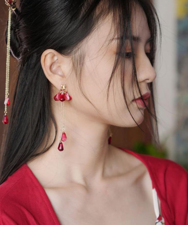 Chinese Style Red Copper Overgild Resin Glass Beads Tassel Drop Earrings