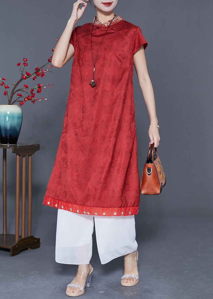 Chinese Style Red Embroideried Patchwork Silk Long Dress Summer