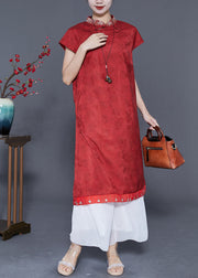 Chinese Style Red Embroideried Patchwork Silk Long Dress Summer