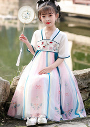 Chinese Style Red Embroideried Wrinkled Patchwork Chiffon Kids Girls Dresses Summer