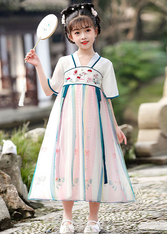 Chinese Style Red Embroideried Wrinkled Patchwork Chiffon Kids Girls Dresses Summer