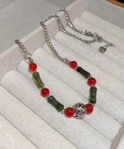 Chinese Style Red Green Stainless Steel Overgild Chalcedony Bamboo Joint Patchwork Gratuated Bead Necklace