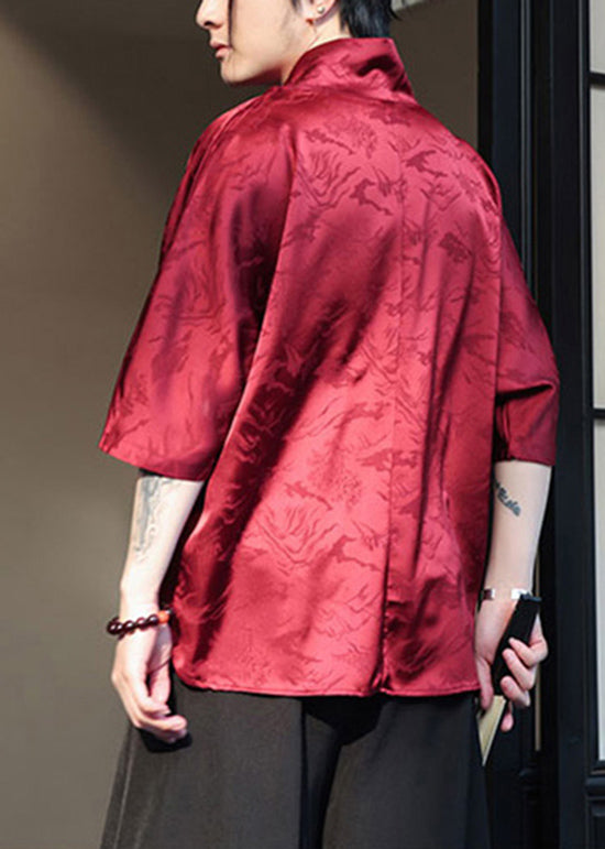 Chinese Style Red Jacquard Loose Silk Mens T Shirt Summer