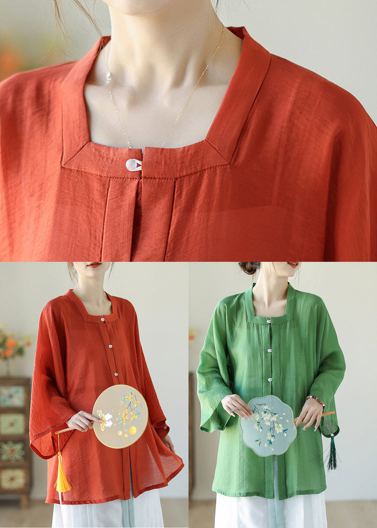 Chinese Style Red Patchwork Square Collar Silk Linen Top Fall